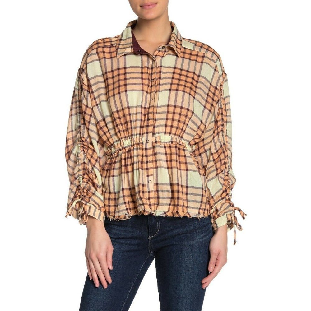 Free People Pacific Dawn Plaid Shirt Peach Small